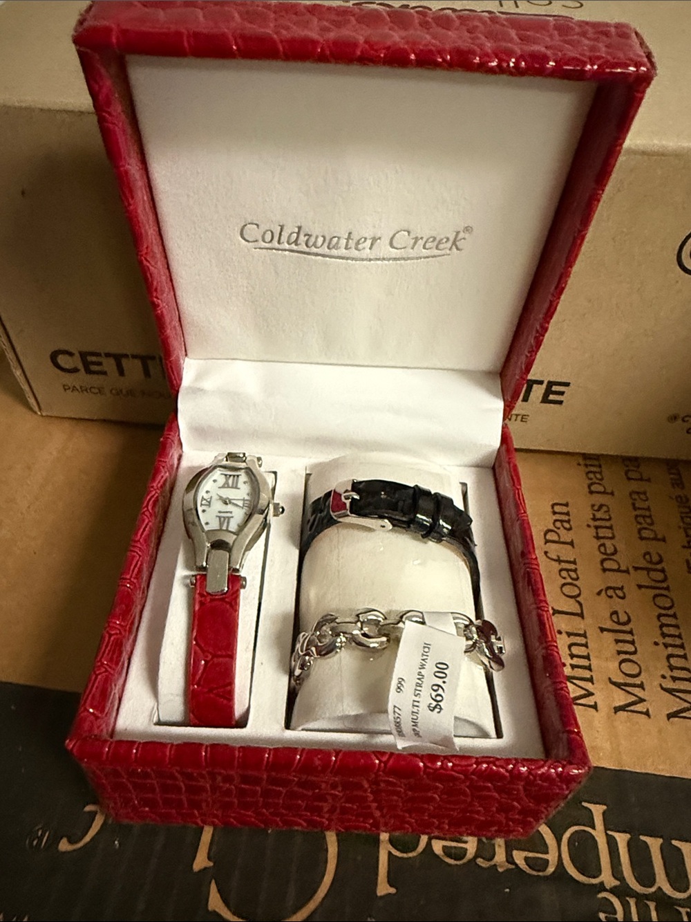 Coldwater Creek Red Leather Strap Watch with Silver Chain Bracelet